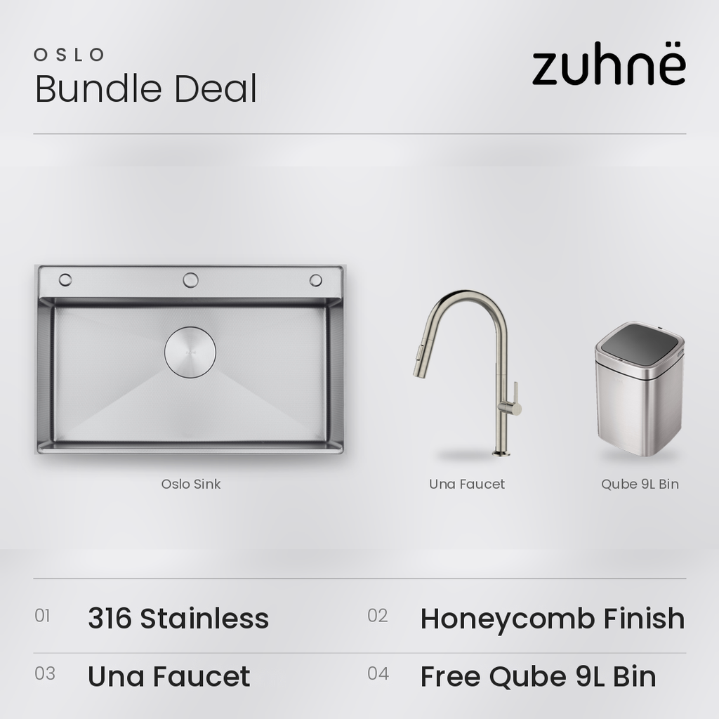 Oslo Honeycomb Natural workstation sink bundle with Una faucet and Qube 9L sensor bin