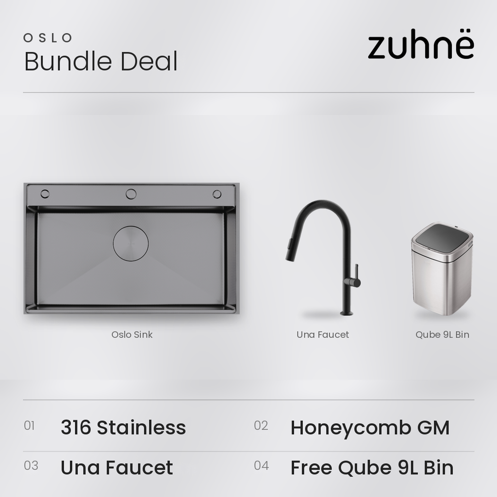 Oslo Honeycomb Gunmetal workstation sink bundle with black Una faucet and Qube 9L sensor bin