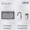 Oslo Honeycomb Gunmetal workstation sink bundle with black Una faucet and Qube 9L sensor bin