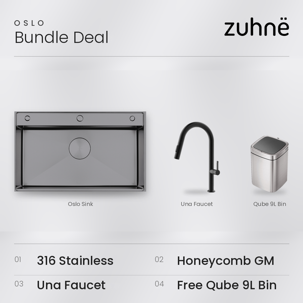Oslo Honeycomb Gunmetal workstation sink bundle with black Una faucet and Qube 9L sensor bin