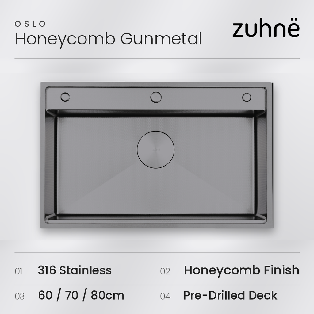 Oslo Honeycomb Gunmetal workstation sink seen from above, with 316 stainless, Honeycomb finish, sizes and pre-drilled deck listed below