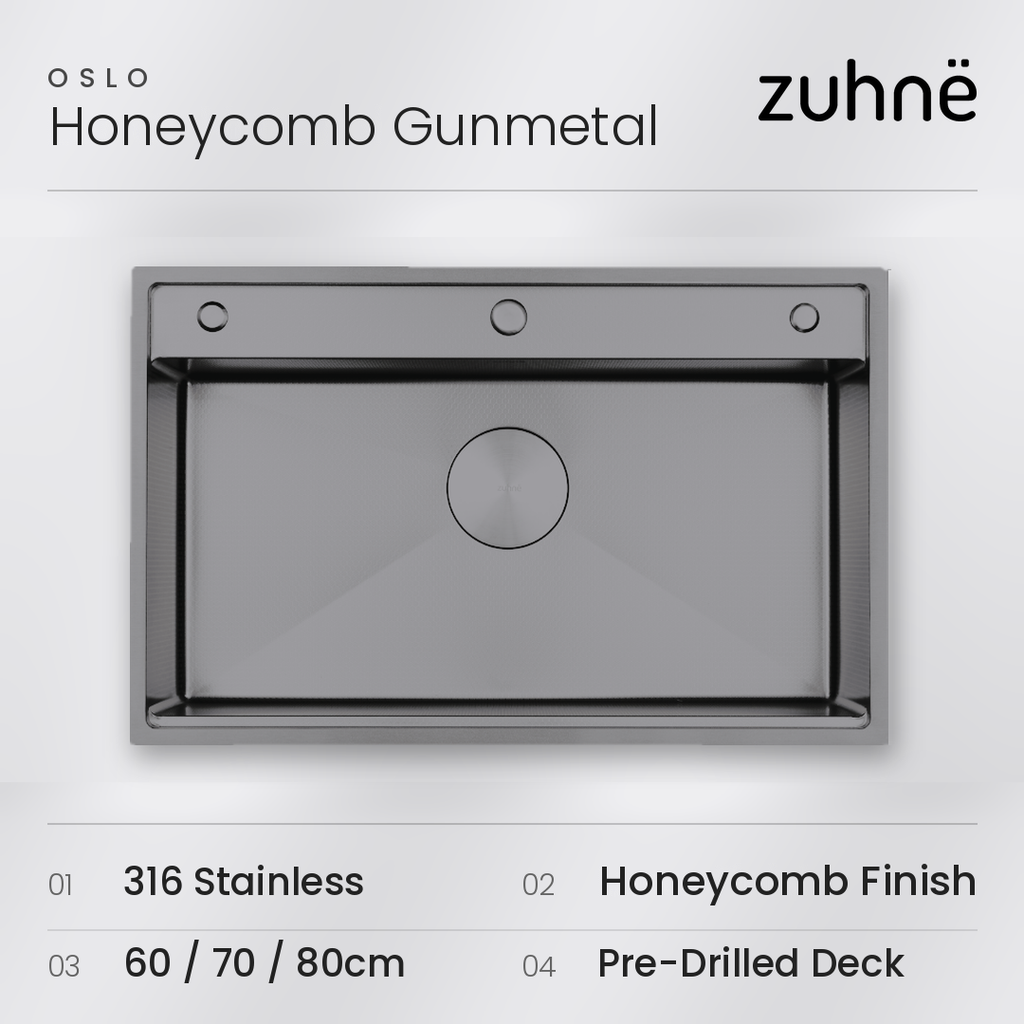 Oslo Honeycomb Gunmetal workstation sink seen from above, with 316 stainless, Honeycomb finish, sizes and pre-drilled deck listed below