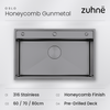 Oslo Honeycomb Gunmetal workstation sink seen from above, with 316 stainless, Honeycomb finish, sizes and pre-drilled deck listed below