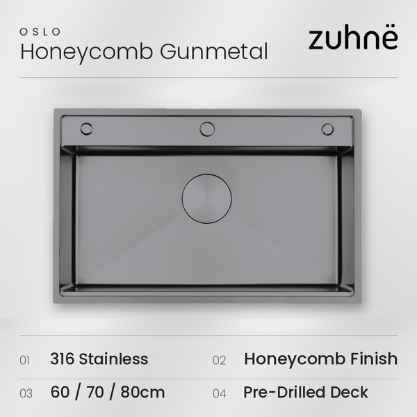 Oslo Honeycomb Gunmetal workstation sink seen from above, with 316 stainless, Honeycomb finish, sizes and pre-drilled deck listed below