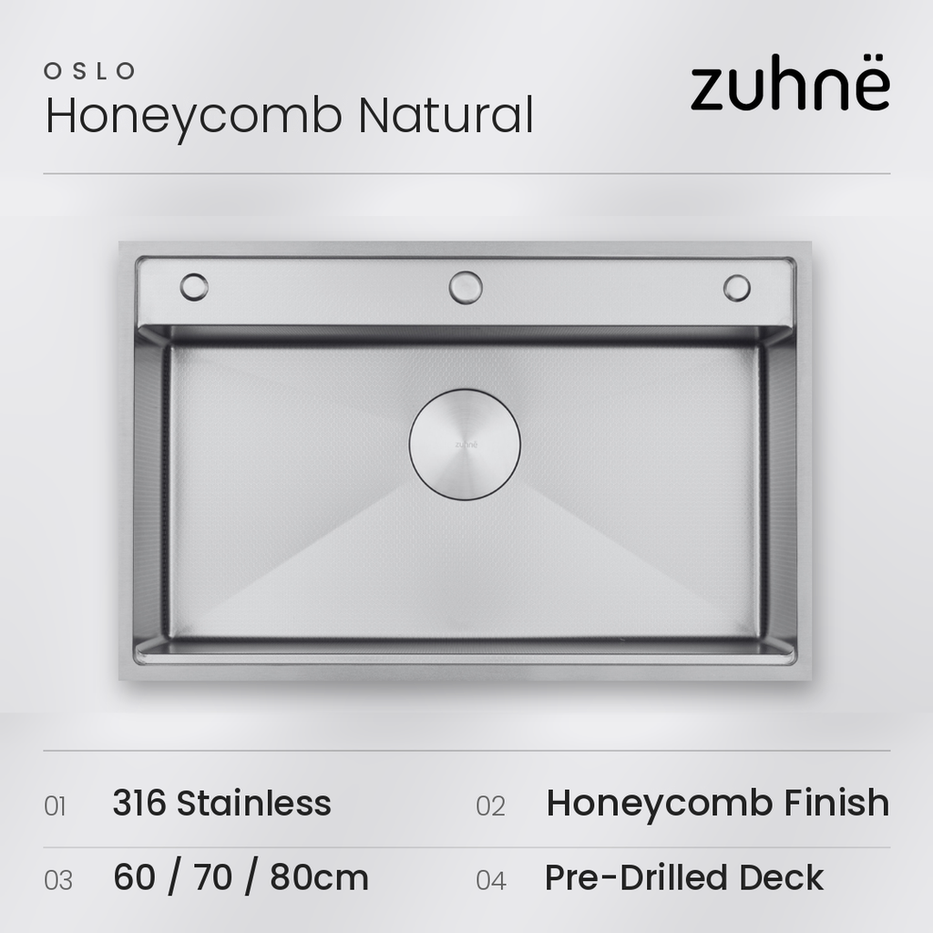 Oslo Honeycomb Natural workstation sink seen from above, with 316 stainless, Honeycomb finish, sizes and pre-drilled deck listed below
