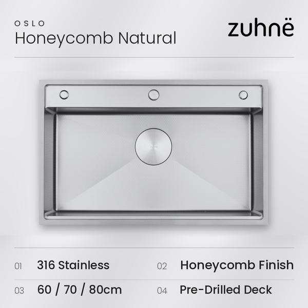Oslo Honeycomb Natural workstation sink seen from above, with 316 stainless, Honeycomb finish, sizes and pre-drilled deck listed below