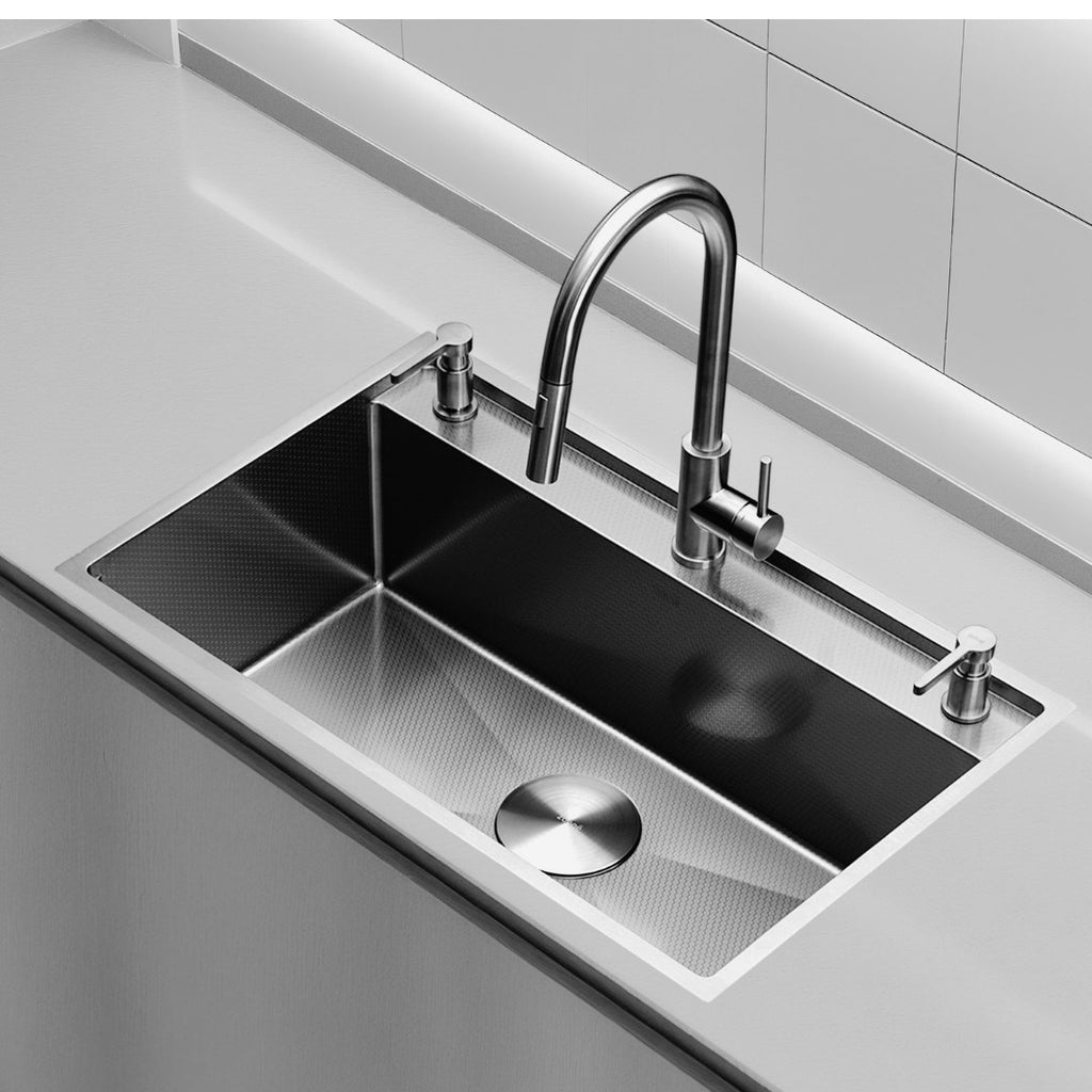 Oslo Honeycomb Natural sink bowl with pull-down faucet and centre drain on a light countertop