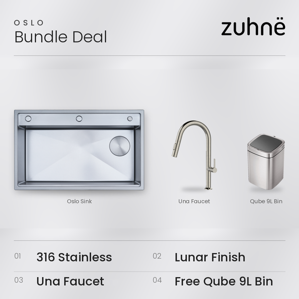Oslo Lunar Natural workstation sink bundle with Una faucet and Qube 9L sensor bin