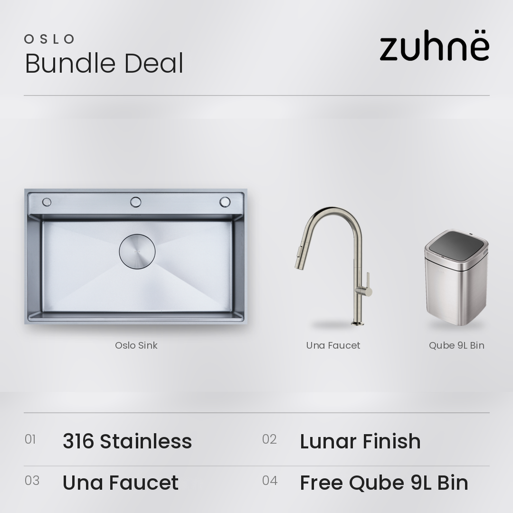 Oslo Lunar Natural workstation sink bundle with Una faucet and Qube 9L sensor bin