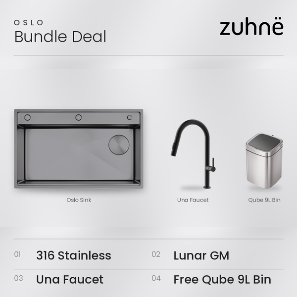 Oslo Lunar Gunmetal workstation sink bundle with black Una faucet and Qube 9L sensor bin