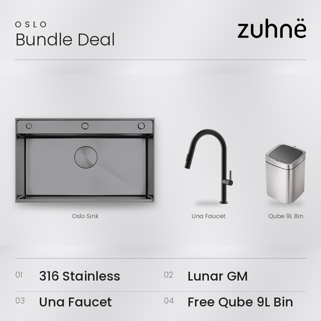 Oslo Lunar Gunmetal workstation sink bundle with black Una faucet and Qube 9L sensor bin