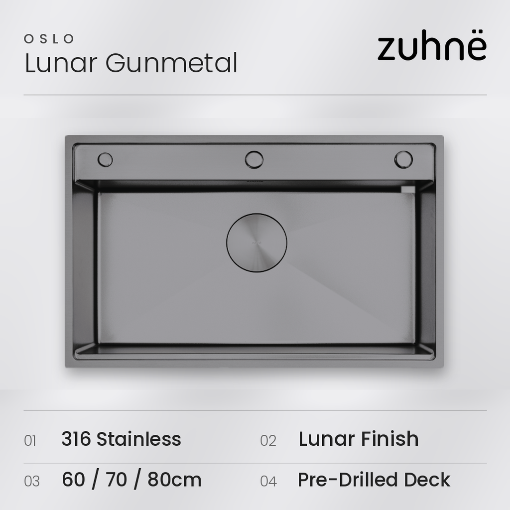 Oslo Lunar Gunmetal workstation sink seen from above, with 316 stainless, Lunar finish, sizes and pre-drilled deck listed below