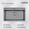 Oslo Lunar Gunmetal workstation sink seen from above, with 316 stainless, Lunar finish, sizes and pre-drilled deck listed below