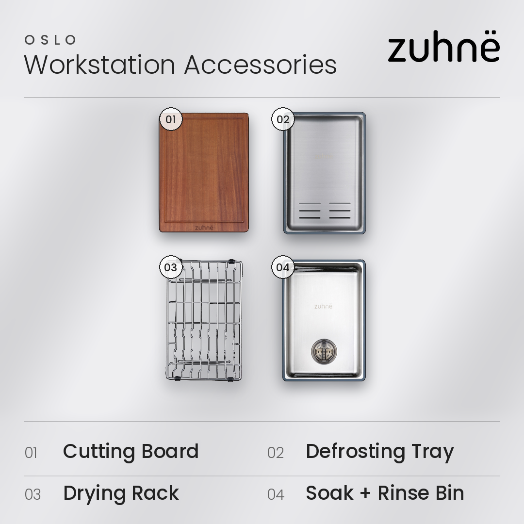 Oslo workstation accessories: cutting board, defrosting tray, drying rack and soak + rinse bin