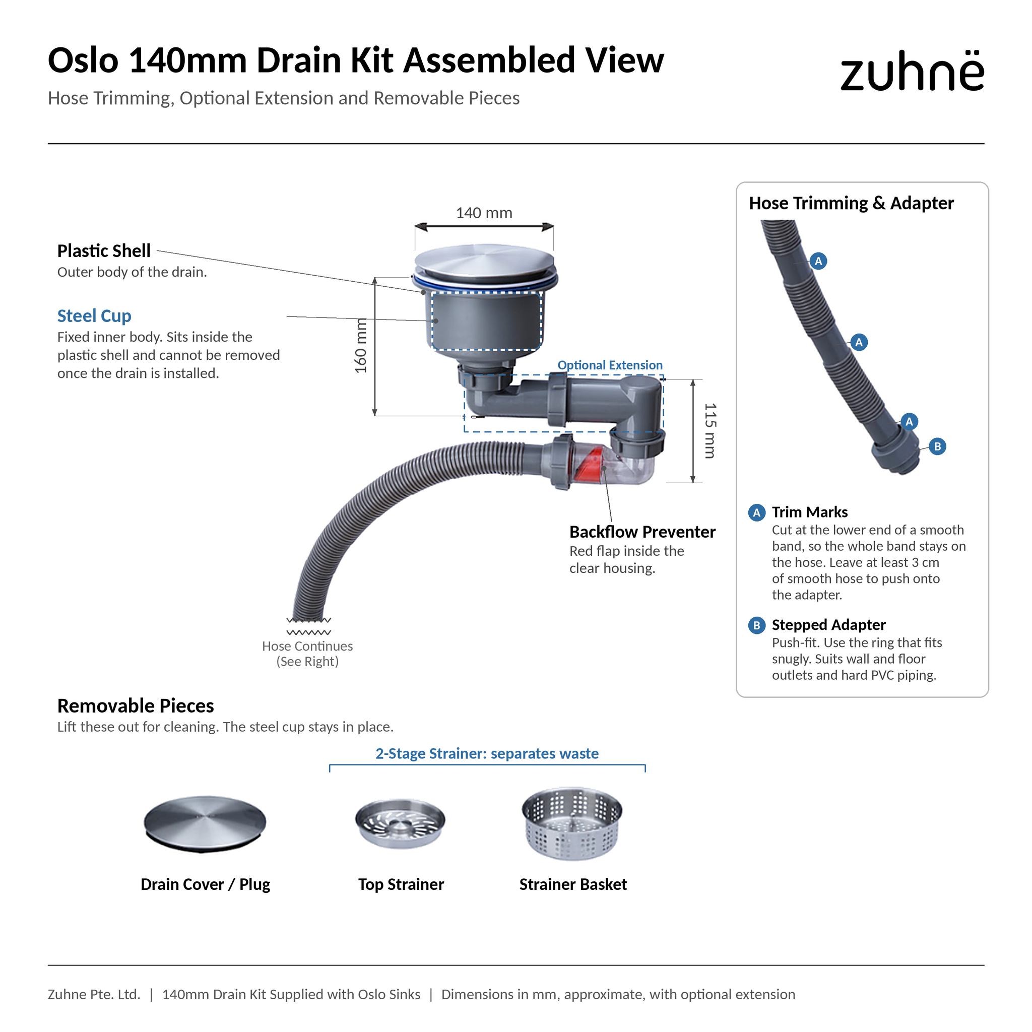 Assembled Oslo 140mm drain kit with hose trimming and adapter detail