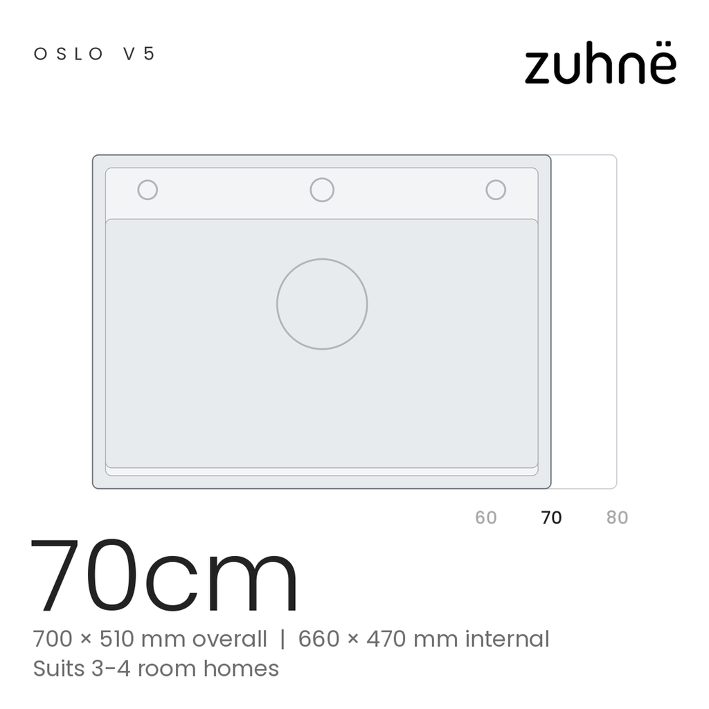 Oslo V5 70cm sink drawn as a simple outline with the rear tap deck, three tap holes (28, 35 and 28 mm), front ledge and centre drain, beside fainter outlines of the other sizes