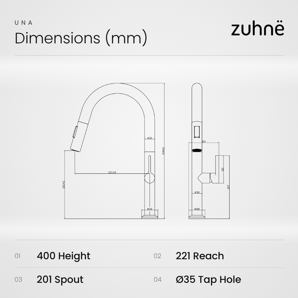 Una kitchen mixer dimensions: 400 mm height, 201 mm and 221 mm reach