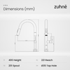 Una kitchen mixer dimensions: 400 mm height, 201 mm and 221 mm reach