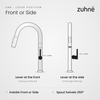Una line drawing showing the two lever positions: lever at the front, facing you at the sink, and lever at the side, on the right of the tap. Installs front or side. Spout swivels 360°.