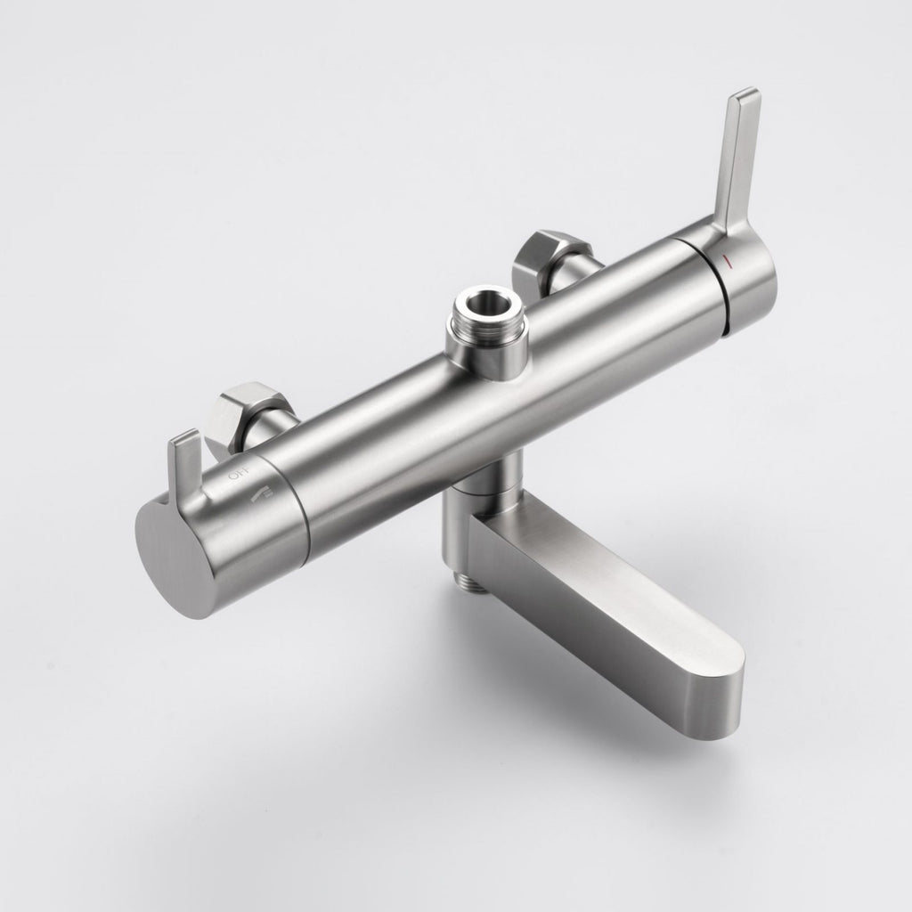 Zuhne Rova Triple-Outlet mixer in brushed 304 stainless steel, with mixing lever and swivel lower spout