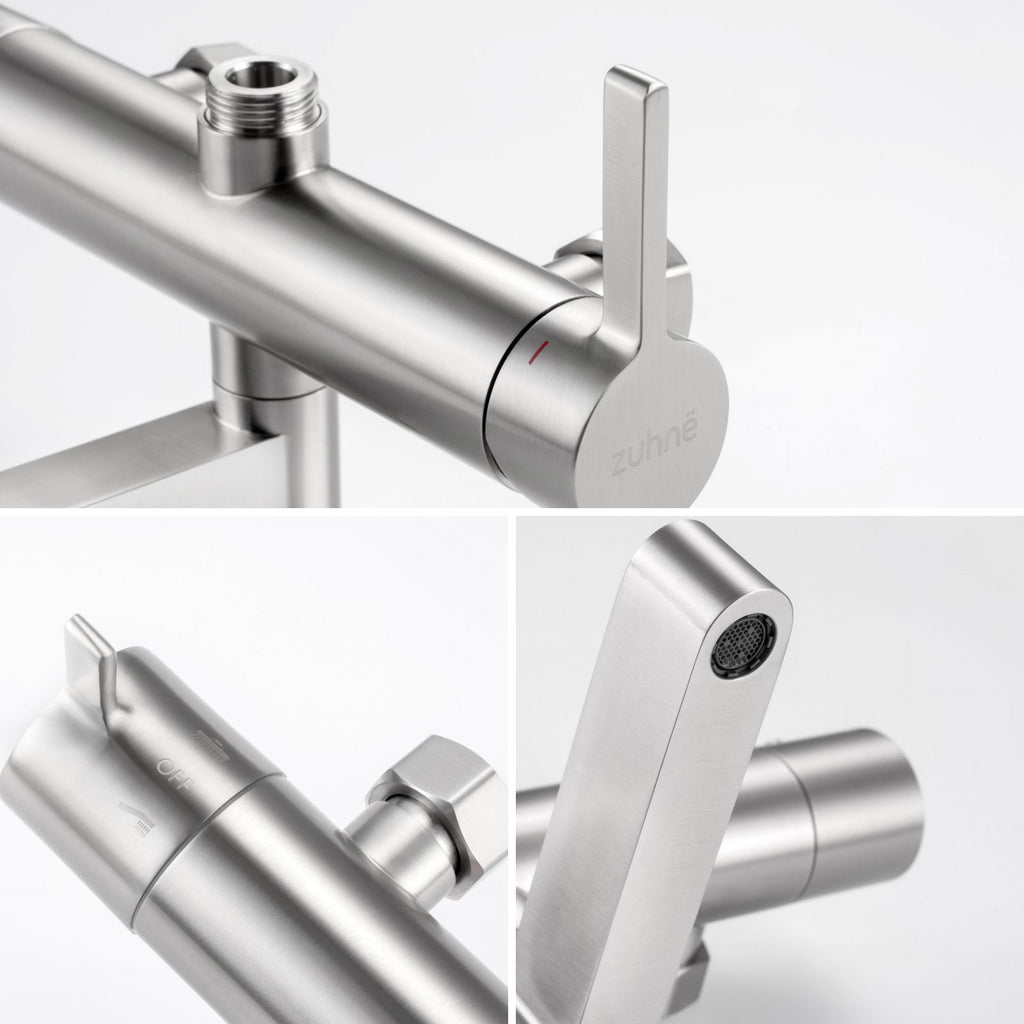 Close-ups of the Rova Triple-Outlet controls: mixing lever with hot marker, 3-way diverter dial and spout aerator