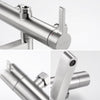 Close-ups of the Rova Triple-Outlet controls: mixing lever with hot marker, 3-way diverter dial and spout aerator