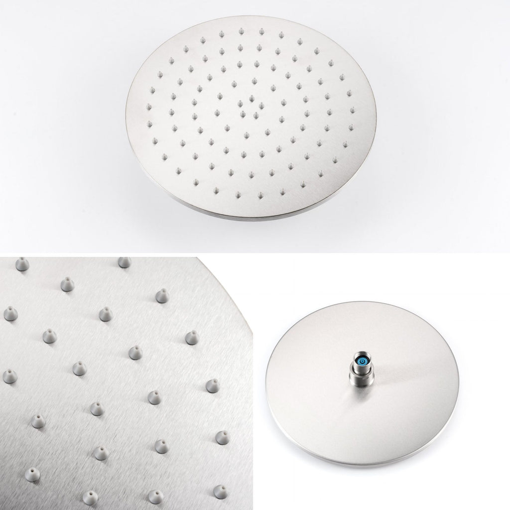 Rova rain shower head in brushed stainless steel: front, soft silicone nozzles up close, and the back connector