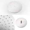 Rova rain shower head in brushed stainless steel: front, soft silicone nozzles up close, and the back connector