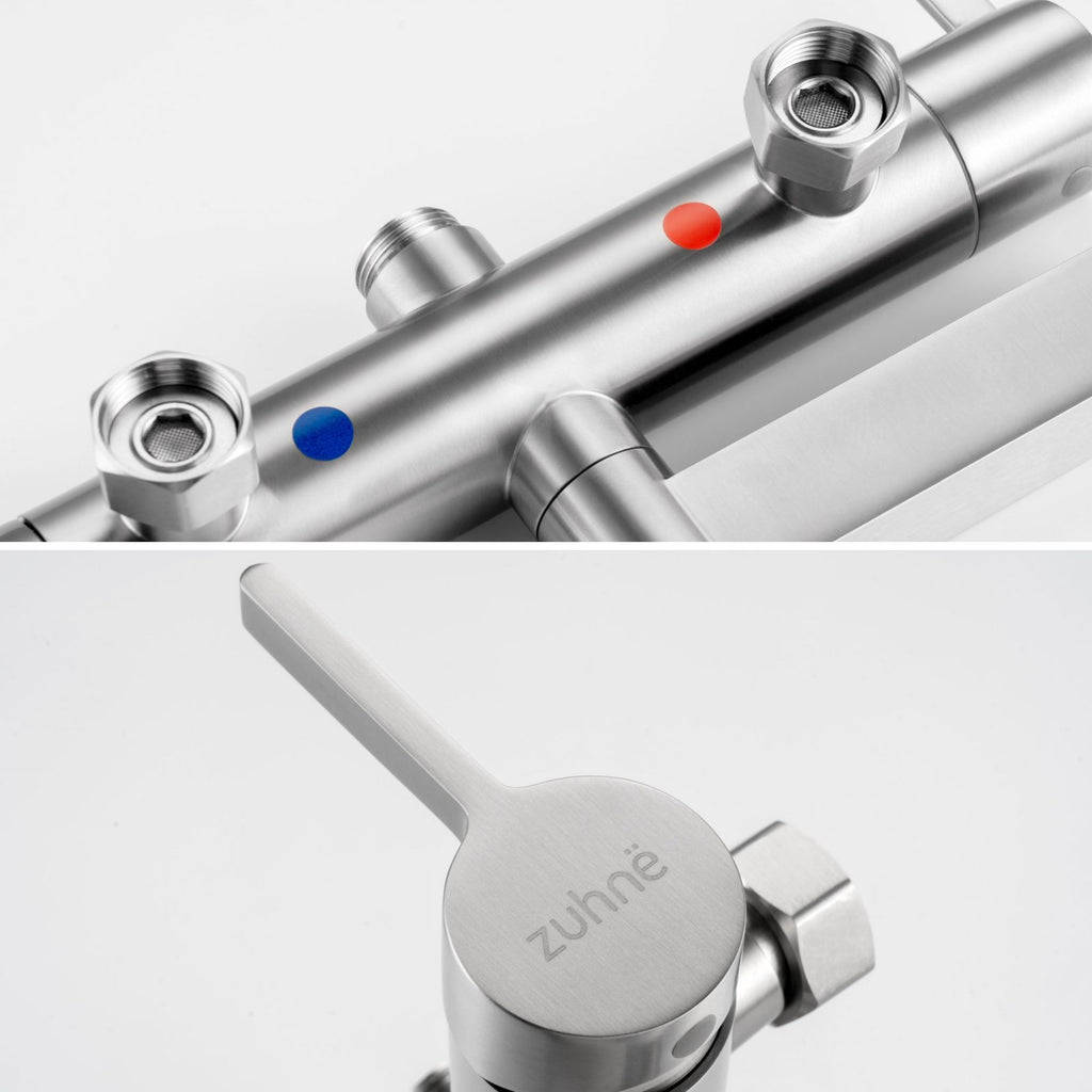 Hot and cold inlets on the Rova Triple-Outlet mixer with built-in filter screens, and the lever cap engraved with the zuhnë logo