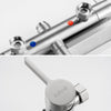 Hot and cold inlets on the Rova Triple-Outlet mixer with built-in filter screens, and the lever cap engraved with the zuhnë logo