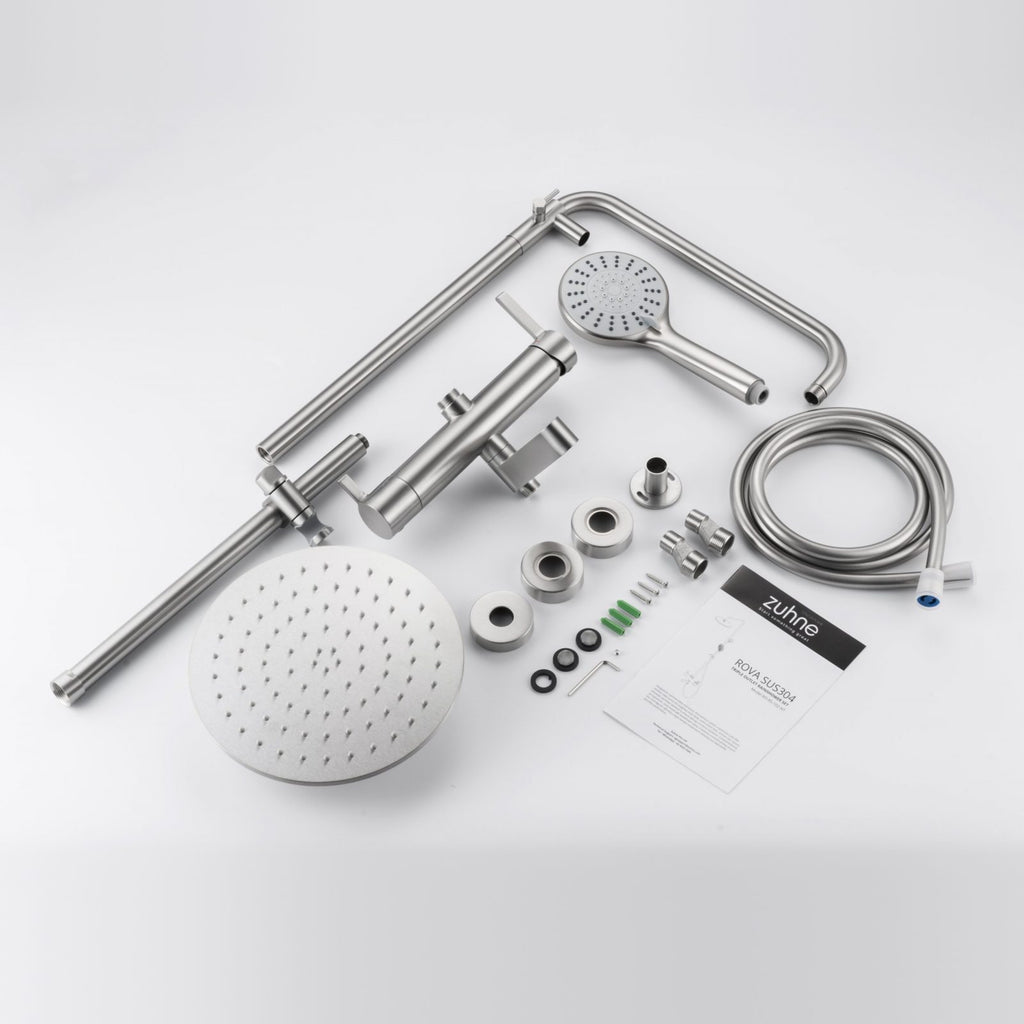 Everything in the box: Rova Triple-Outlet mixer, riser, shower arm, rain shower head, handshower, hose, wall fittings, washers, screws, hex key and manual