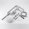 Everything in the box: Rova Triple-Outlet mixer, riser, shower arm, rain shower head, handshower, hose, wall fittings, washers, screws, hex key and manual