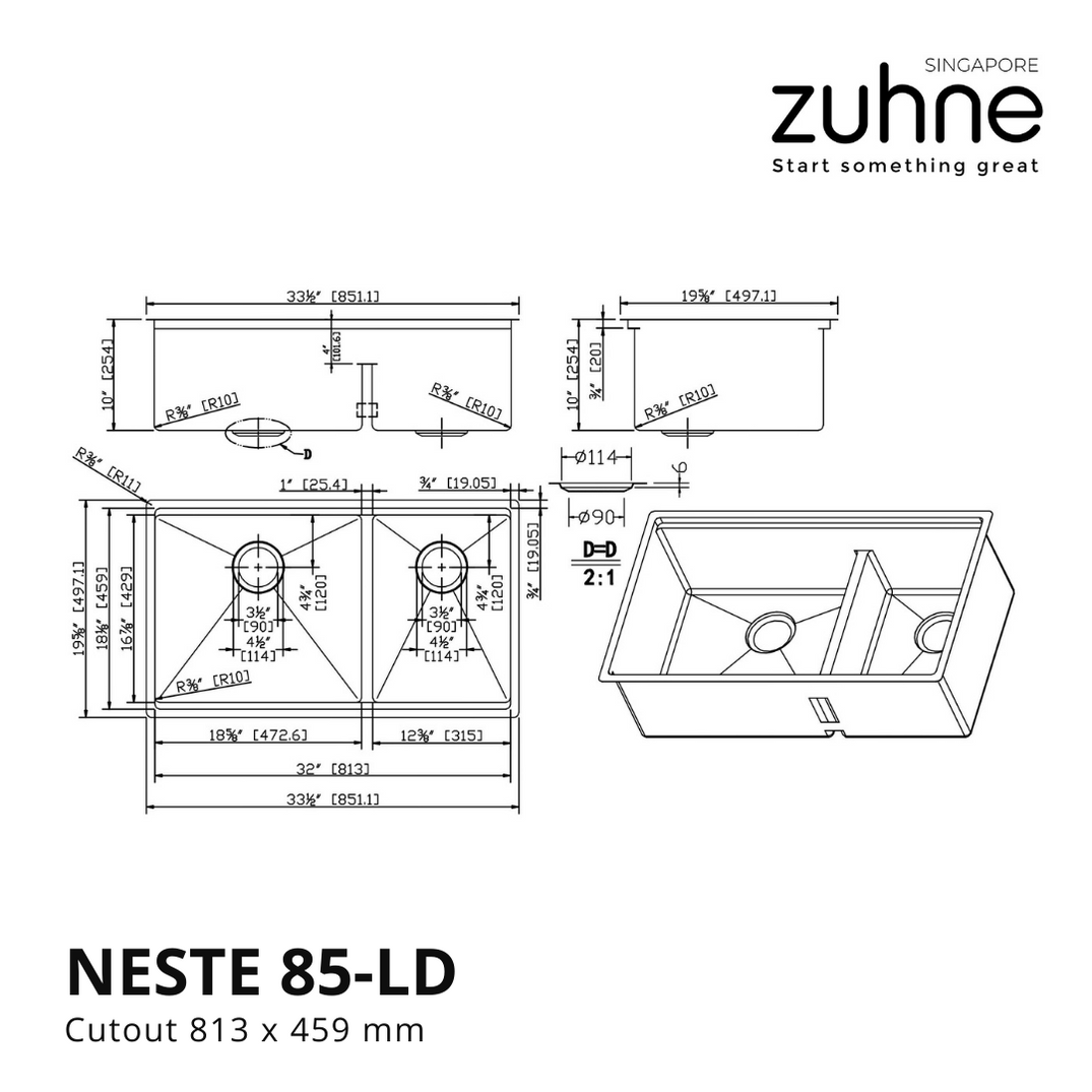 Neste 85cm 60/40 Low Divide Double Bowl Workstation Kitchen Sink with